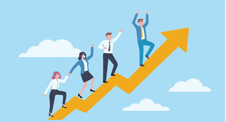 Fototapeta premium Business team climbing up an arrow towards success with a sky and clouds background