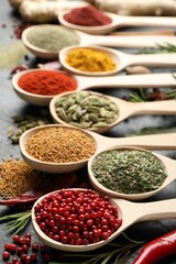 Different aromatic spices in spoons on black table, closeup