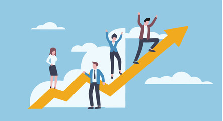 Fototapeta premium People celebrating success while standing on an upward trending arrow graph chart