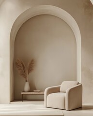 Beige minimalist living room with arched doorways, armchair, and coffee table against wall