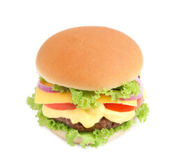 One cheeseburger with tasty patty isolated on white