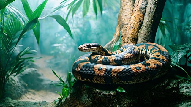 Python Coiled Around a Tree In a Tropical Forest From a Front View Showing Its Powerful Body Texture and Eyes Tracking Movement In the Background