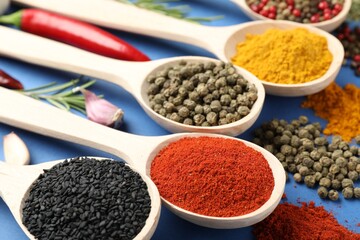 Different aromatic spices in spoons on blue background, closeup