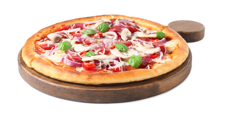 Tasty pizza with smoked sausages and mushrooms isolated on white