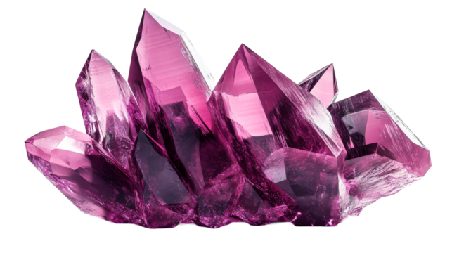 Quartz cluster of amethyst color crystals, close up shot, cut out transparent.
