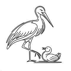 Obraz premium Stork and Duckling in a Single Line Outline Vector Style, single line outline vector