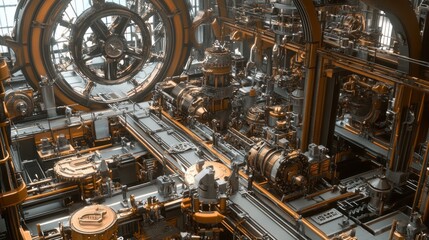 Intricate steampunk industrial machinery.  Complex network of gears, pipes, and mechanisms in a futuristic workshop.