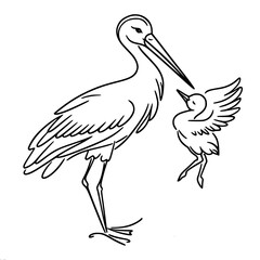 Fototapeta premium Stork and Chick Interacting in a Simple Line Art Style 