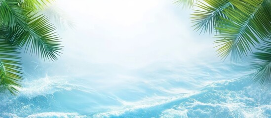 Tropical summer seascape with palm fronds and blue water waves with a blank white banner and space for text