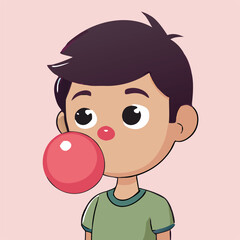 Obraz premium A cartoon boy inflates a pink bubble gum with a light pink background