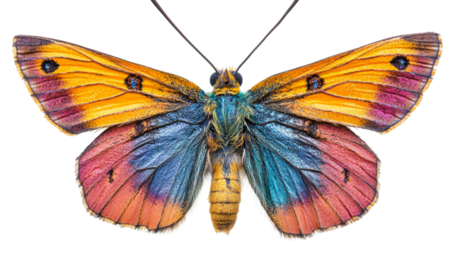 Apollo butterfly, colorful wings and furry body on black, cut out transparent