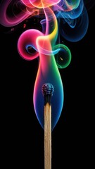 Swirling multi-color flames erupt from a single match on black background