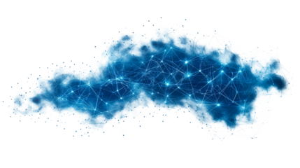 Cloud network with blue neon connections, cut out transparent