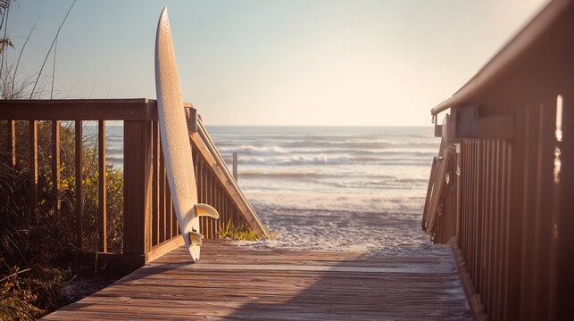 Surfboard on beach boardwalk a summer vacation destination with ocean view water - Powered by Adobe