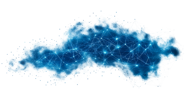 Cloud network with blue neon connections, cut out transparent