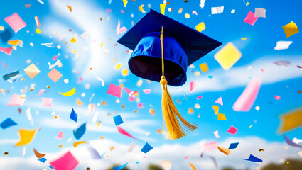 Graduation. School. University. College. A blue graduation cap with a shiny gold tassel suspended in the air surrounded by a swirl of colorful rectangular confetti pieces falling from above.
