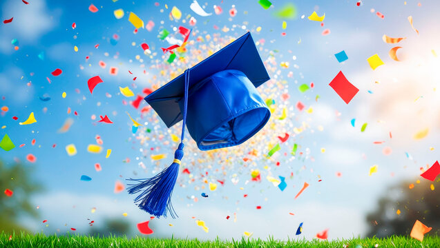 Graduation. School. University. College. A blue graduation cap with a shiny gold tassel suspended in the air surrounded by a swirl of colorful rectangular confetti pieces falling from above.