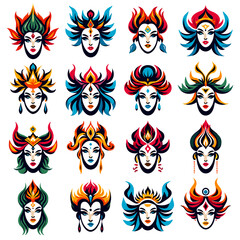 Set of 16 ornate tribal feminine faces with flame hair and crowns for bold t-shirt prints (1)