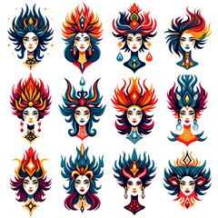 Set of 16 ornate tribal feminine faces with flame hair and crowns for bold t-shirt prints (5)