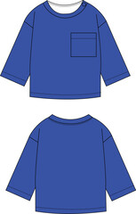 Naklejka premium Plain Blue Long-Sleeve Shirt with Chest Pocket | Technical Fashion Illustration | Flat Apparel Template CAD | Front and Back Views
