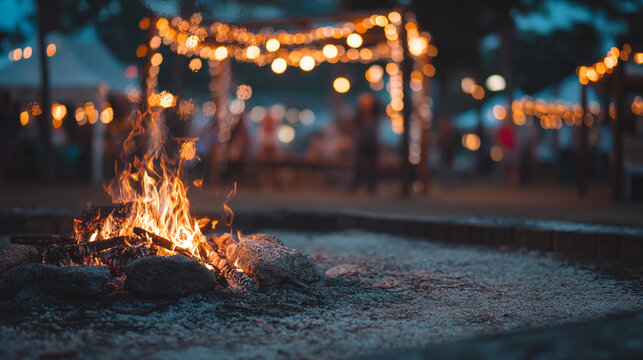 Camp fire burning outdoors at night with lights and stones for summer party fun
