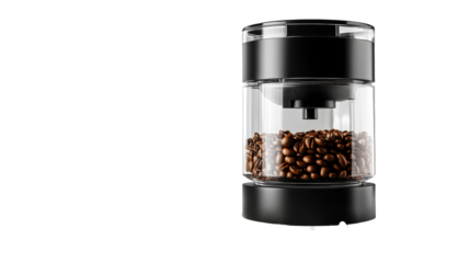 Coffee grinder with beans visible in glass container, cut out transparent