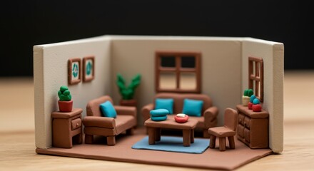 Fototapeta premium Miniature living room model crafted from clay. Handmade dollhouse interior scene. Small scale furniture arrangement for creative projects and hobby concepts.