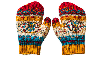 Pair of vibrant wool mittens with detailed knit pattern, cut out transparent