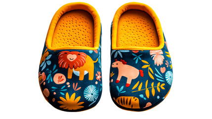 Pair of fun textile slippers with animals, floral designs, isolated, cut out transparent