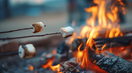 Toasting marshmallows over campfire flames for s'mores summer camping adventure fun
