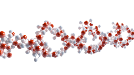 Molecule chain structure, red and white spheres on black, cut out transparent