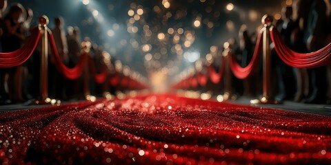 Elegant red carpet leading to a glamorous event with guests and twinkling lights in the evening