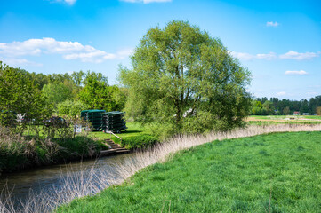 Obraz premium Green surroundings in the bending river Dyle in Korbeek-Dijle, Flemish Brabant, Belgium