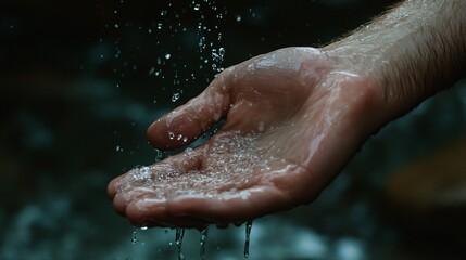 Fototapeta premium Sacred Baptism Symbolism: Hand with Water Dripping - Religious Ritual Imagery