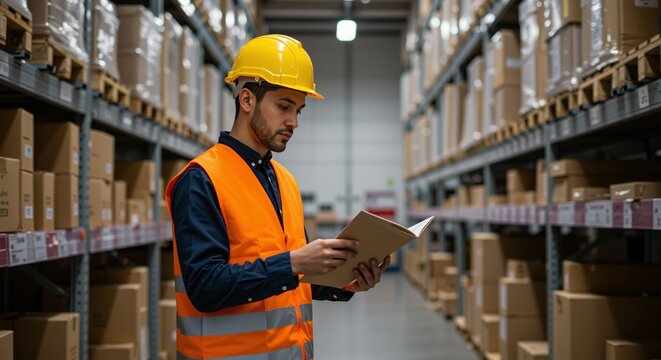 Warehouse worker reading a book while standing between shelves of boxes