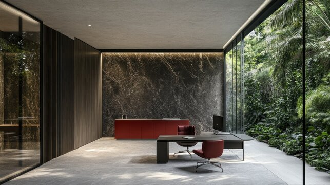 Modern minimalist office space with a tropical view.