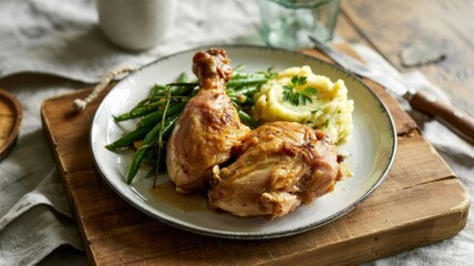Roasted chicken with potatoes and green beans served on rustic table