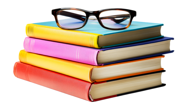 Stack of colorful books with tortoiseshell glasses on top, cut out transparent