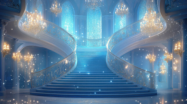Majestic fantasy palace staircase with glowing chandeliers, light blue tones and magical sparkling light, evoking a fairytale atmosphere of elegance, grandeur and enchantment.