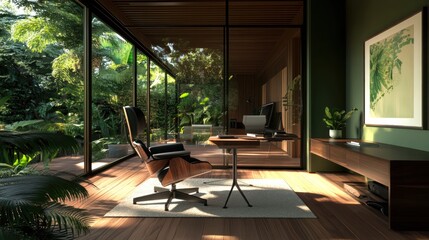 Fototapeta premium Tranquil modern home office with lush garden views.