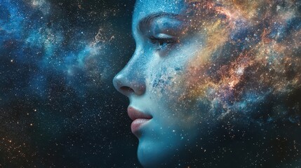 Obraz premium A cosmic portrait blending human features with the wonders of the universe, showcasing beauty and mystery in a stunning visual experience.