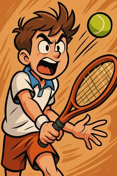 Animated Boy Playing Tennis with Intensity