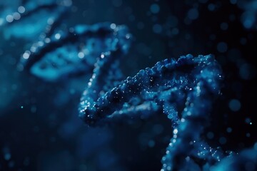 Blue glowing DNA strand with particles on dark background. Genetic science theme.