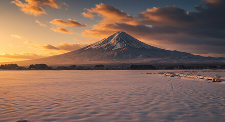 Fototapeta premium Mount Fuji Emerging from a Vast Snow-Covered Plain Under a Dramatic Sunset Sky with Colorful Clouds in Japan