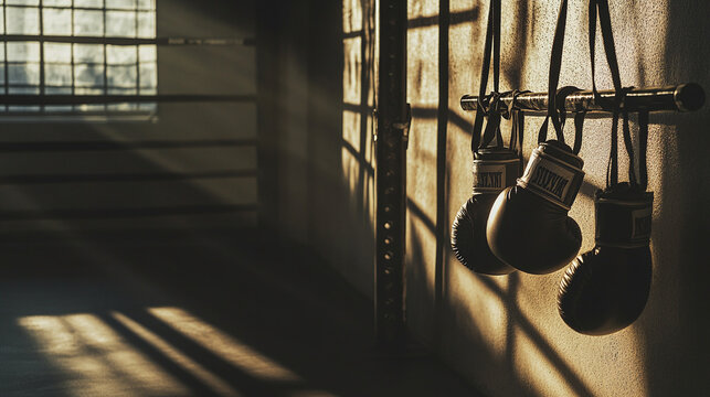 Boxing gloves hanging in gym training sport fitness workout shadow light dark ring - Powered by Adobe