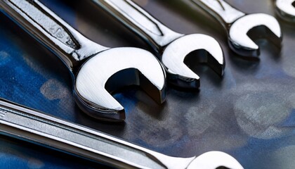 Fototapeta premium a close up view of shiny metal wrenches arranged on a textured surface showcasing tools for repair and maintenance tasks