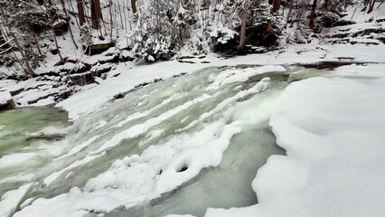Frozen mountain river with waterfall and winter snowy forest. Sounds of nature