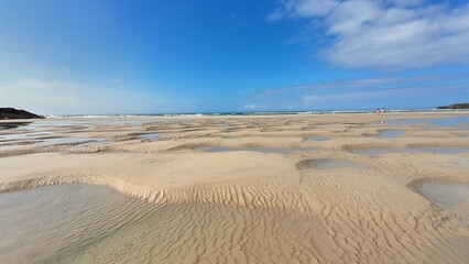 A beautiful and scenic sandy beach under an expansive clear blue sky with tranquility