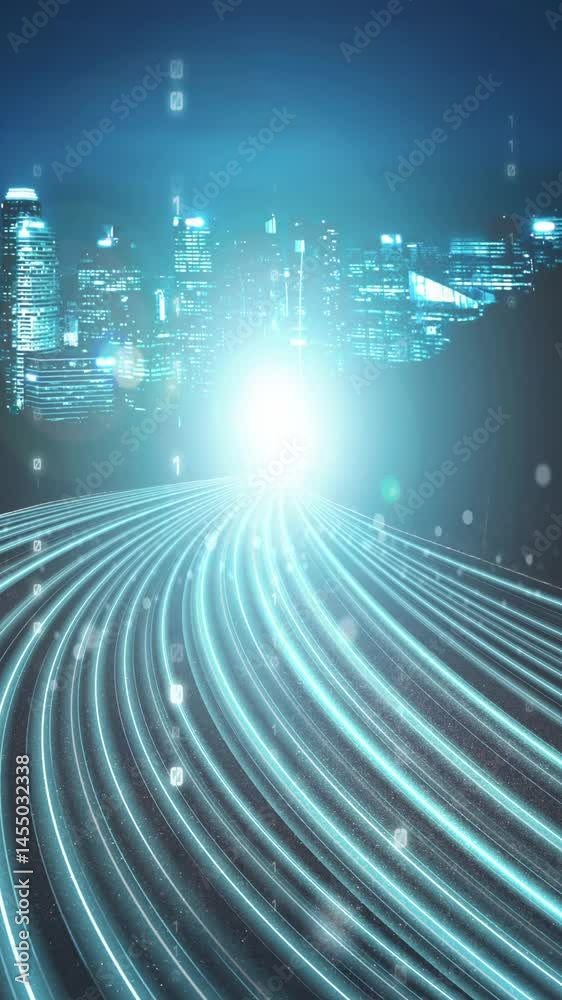 Poster loopable video of digital data flow on road in concept of program coding with graphic creating visio