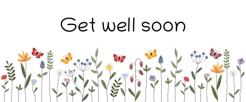 Get well soon - Schriftzug in englischer Sprache - Gute Besserung. Grußkarte mit bunten Blumen und Schmetterlingen. 